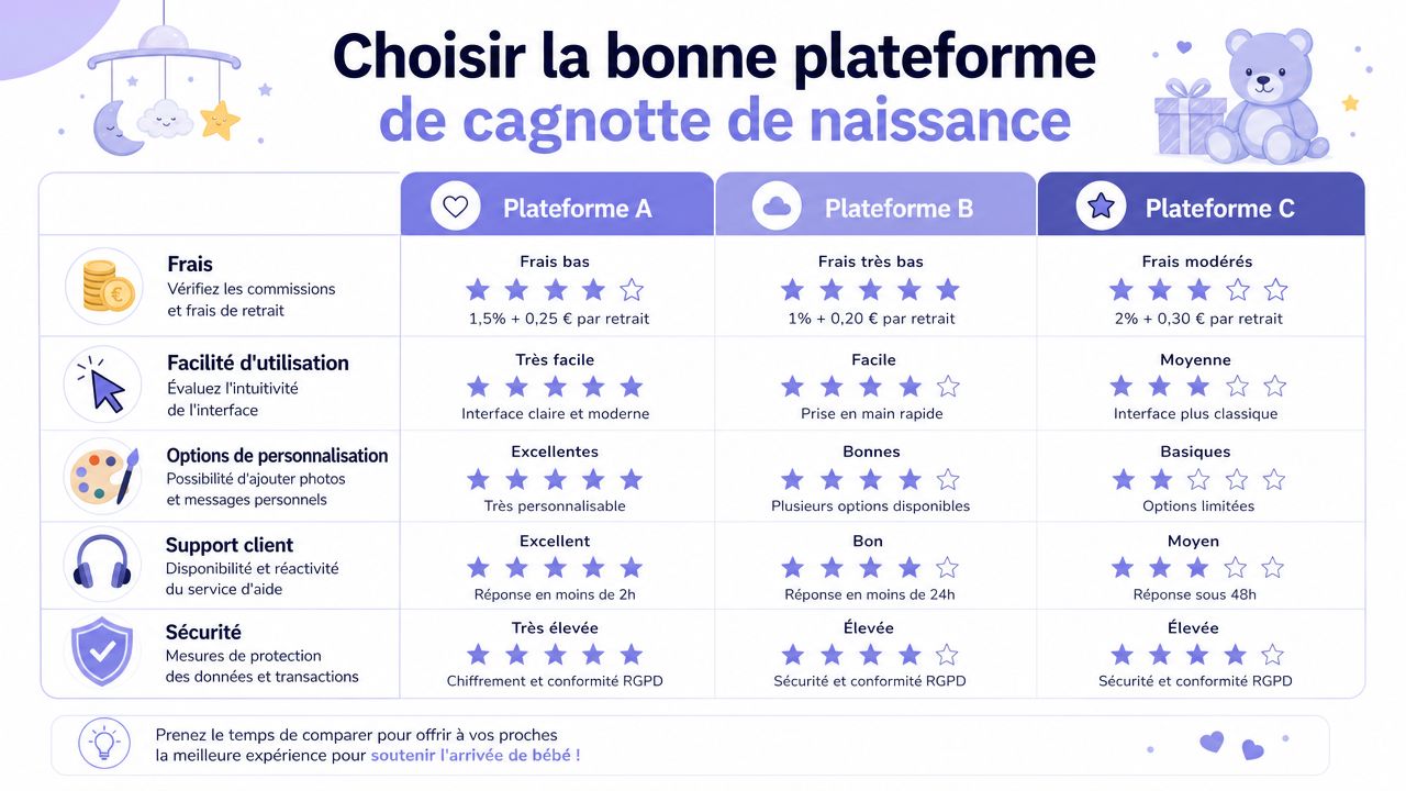 Tableau comparatif des plateformes de cagnottes de naissance pour choisir la meilleure option selon les frais et services.