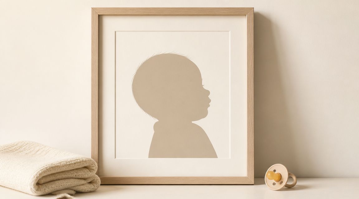 Affiche encadrée minimaliste représentant la silhouette d'un bébé posée sur une table près d'une couverture et d'une tétine.