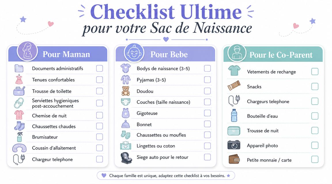 Liste de contrôle illustrée pour préparer le sac de naissance destinée aux mamans, bébés et co-parents.