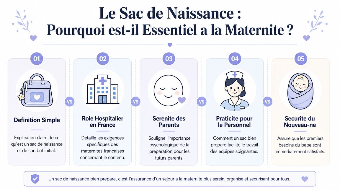 Infographie présentant les 5 raisons essentielles de préparer un sac de naissance pour la maternité en France.