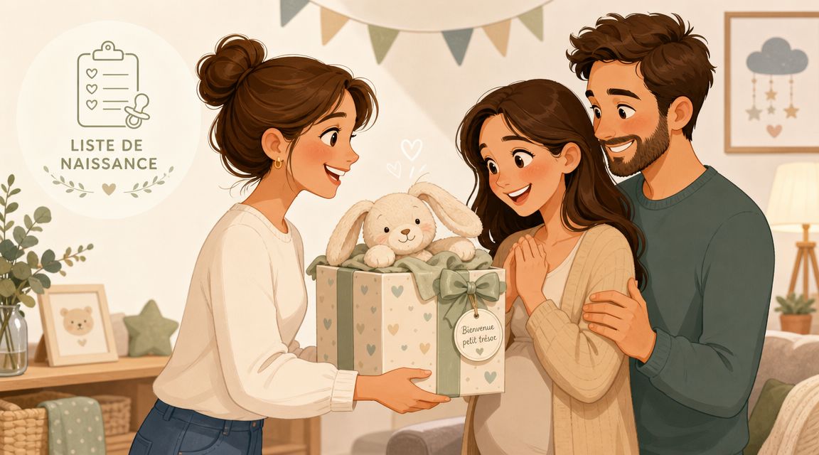 Une femme offre un cadeau avec un doudou à un couple attendant un heureux événement dans un salon.