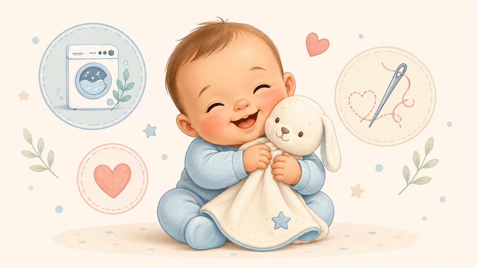 Un bébé heureux en pyjama bleu serrant un doudou blanc près d'icônes de lavage et de couture
