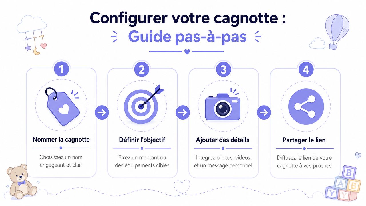 Une infographie simple en quatre étapes expliquant comment configurer facilement une cagnotte pour une liste de naissance.