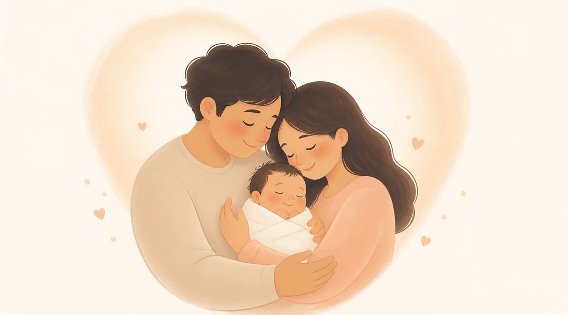 Une illustration tendre de parents souriants tenant leur nouveau-né emmailloté dans une couverture, entourés d'un cœur chaleureux.