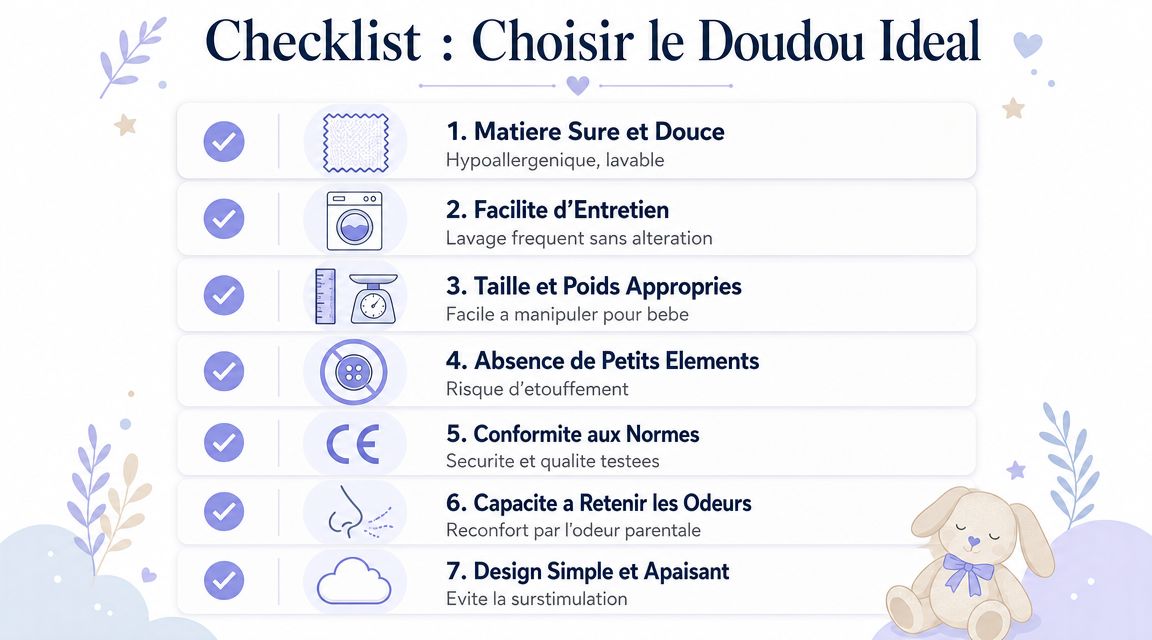 Une liste de contrôle illustrée en français pour aider les parents à choisir le doudou idéal pour bébé.