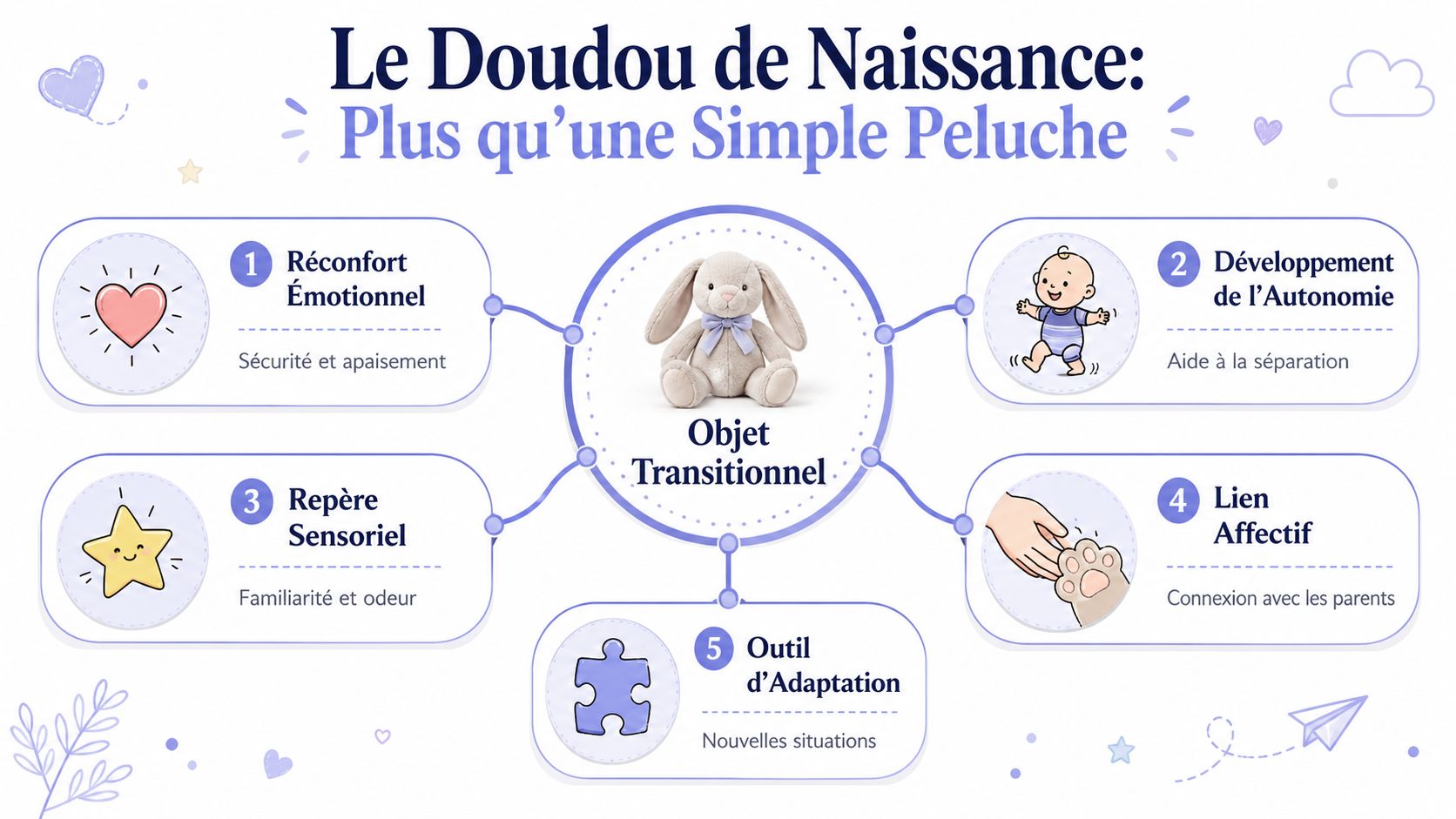 Une infographie montrant cinq bénéfices d'un doudou de naissance comme objet transitionnel pour le développement de bébé.