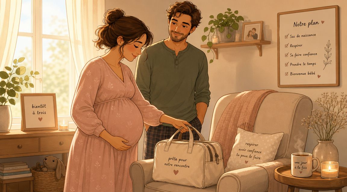 Couple attendrissant préparant un sac de naissance dans une chambre chaleureuse en attendant l'arrivée de leur bébé.