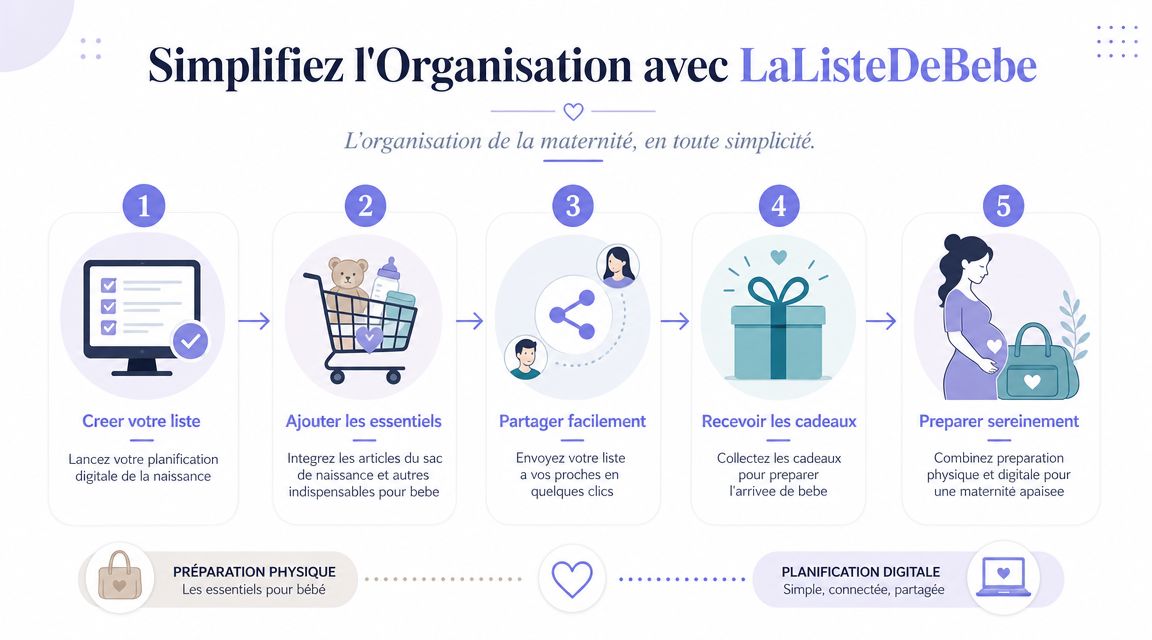 Infographie illustrant les cinq étapes simples pour organiser sa liste de naissance avec LaListeDeBebe.