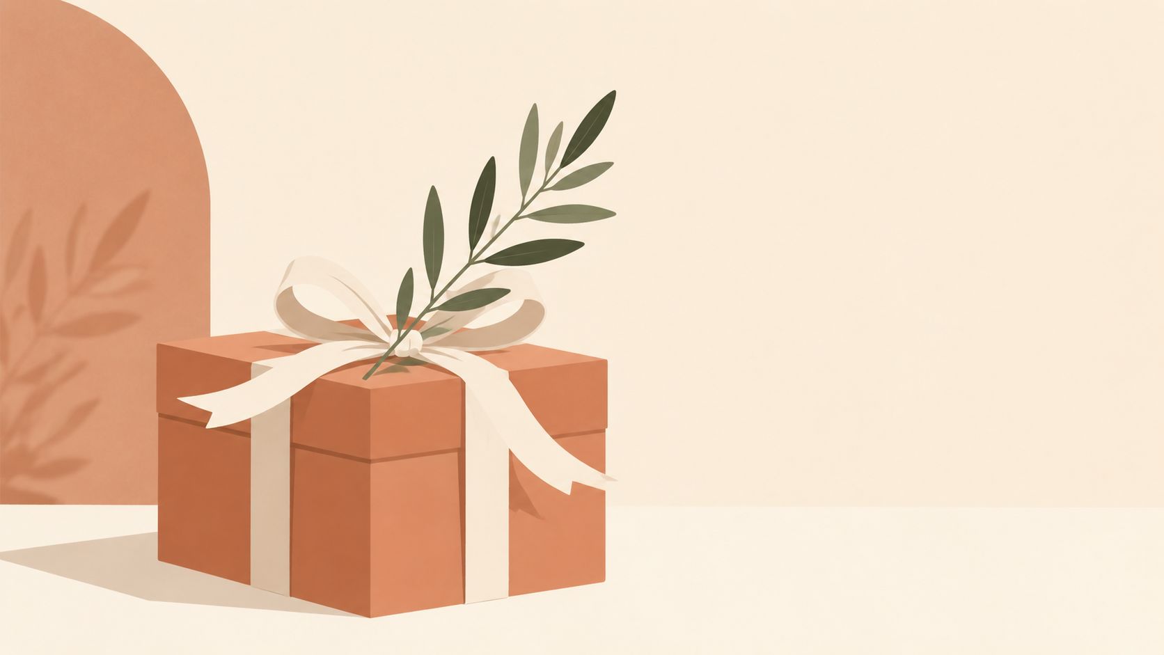 Un cadeau élégant et minimaliste avec un ruban et une branche d'olivier sur fond de couleur neutre.
