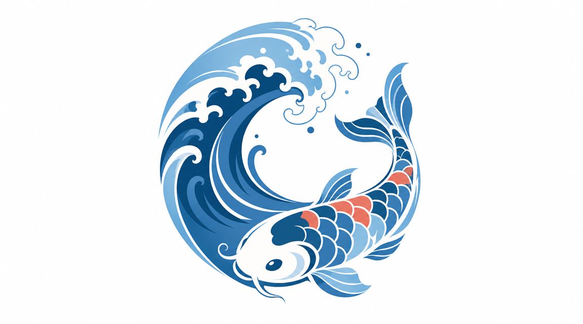 Illustration stylisée d'un poisson koï japonais bondissant gracieusement au milieu de vagues bleues tourbillonnantes.