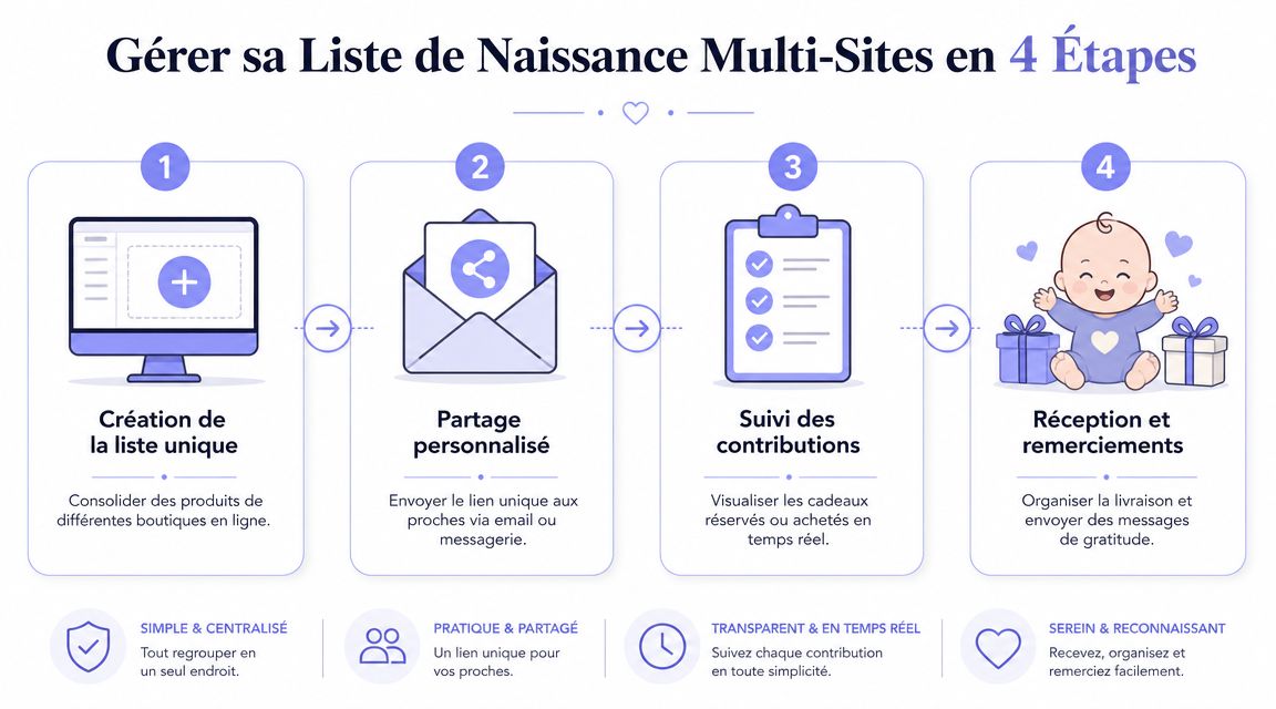 Infographie illustrant les quatre étapes simples pour créer et gérer une liste de naissance multi-sites personnalisée.
