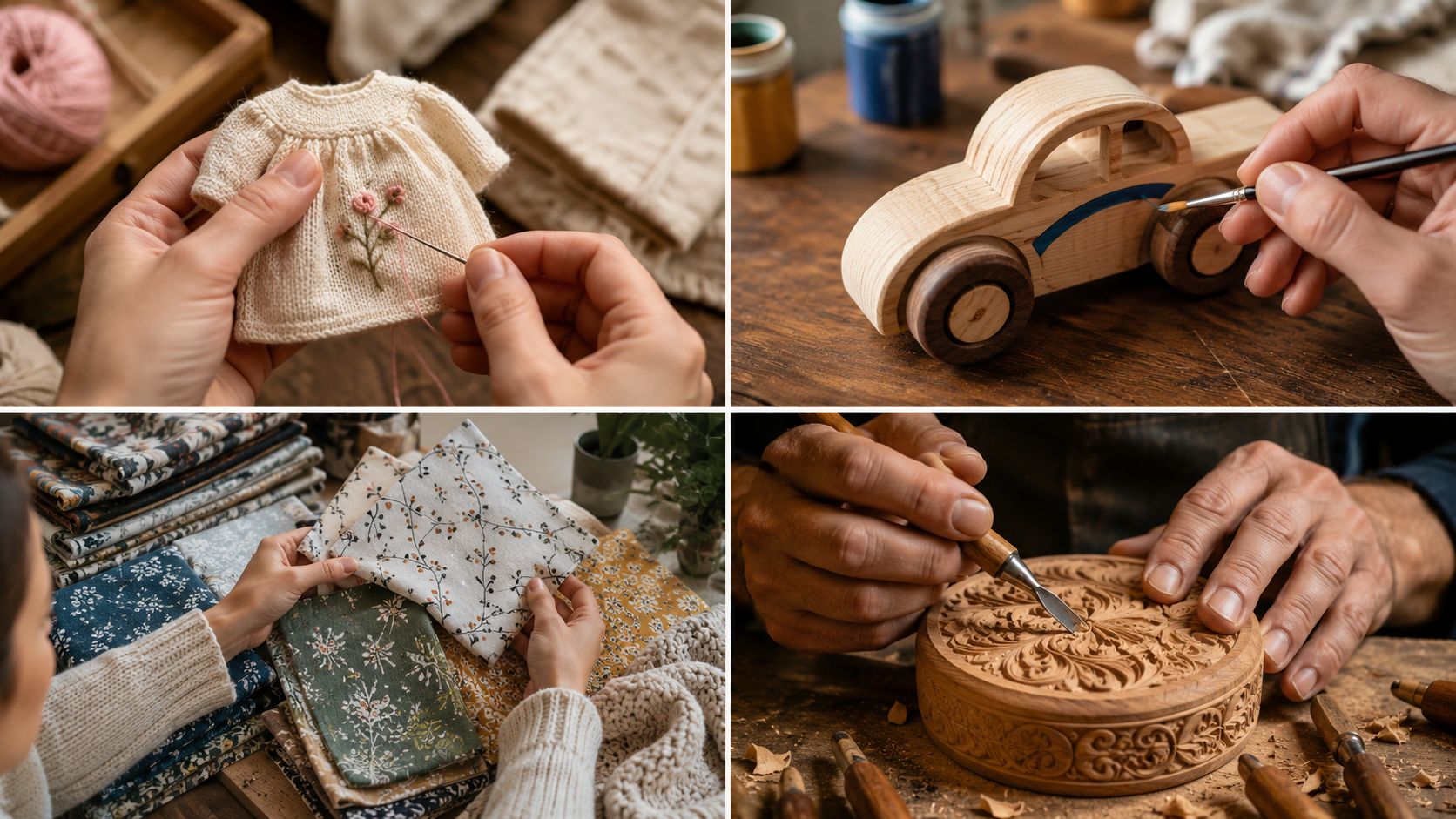 Collage montrant des mains d'artisans réalisant divers projets manuels de couture, de peinture et de sculpture sur bois.