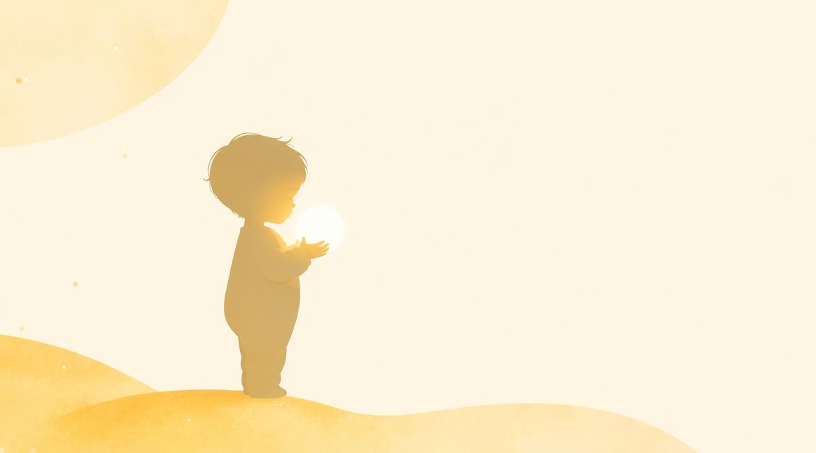 Une illustration minimaliste d'un petit garçon tenant une sphère lumineuse dans un paysage désertique doux et chaleureux.