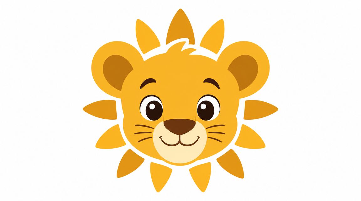 Illustration stylisée d'une tête de lionceau souriante avec une crinière jaune sur un fond blanc épuré.