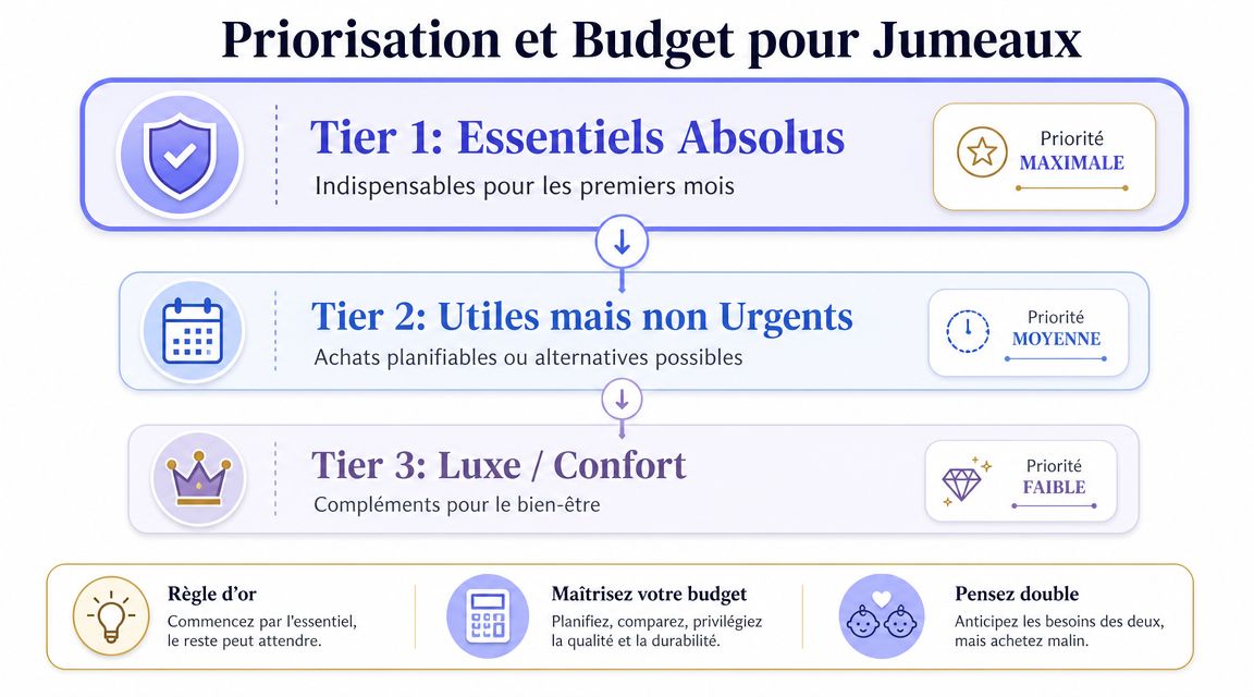 Schéma hiérarchisant les priorités d'achat pour préparer l'arrivée de jumeaux selon trois niveaux de budget.