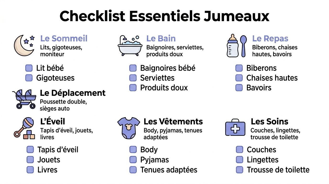 Liste de contrôle essentielle pour préparer l'arrivée de jumeaux avec les articles nécessaires pour les parents.