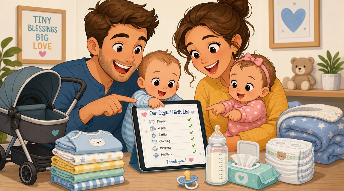 Une famille heureuse avec des jumeaux regarde une liste de naissance numérique sur une tablette électronique.