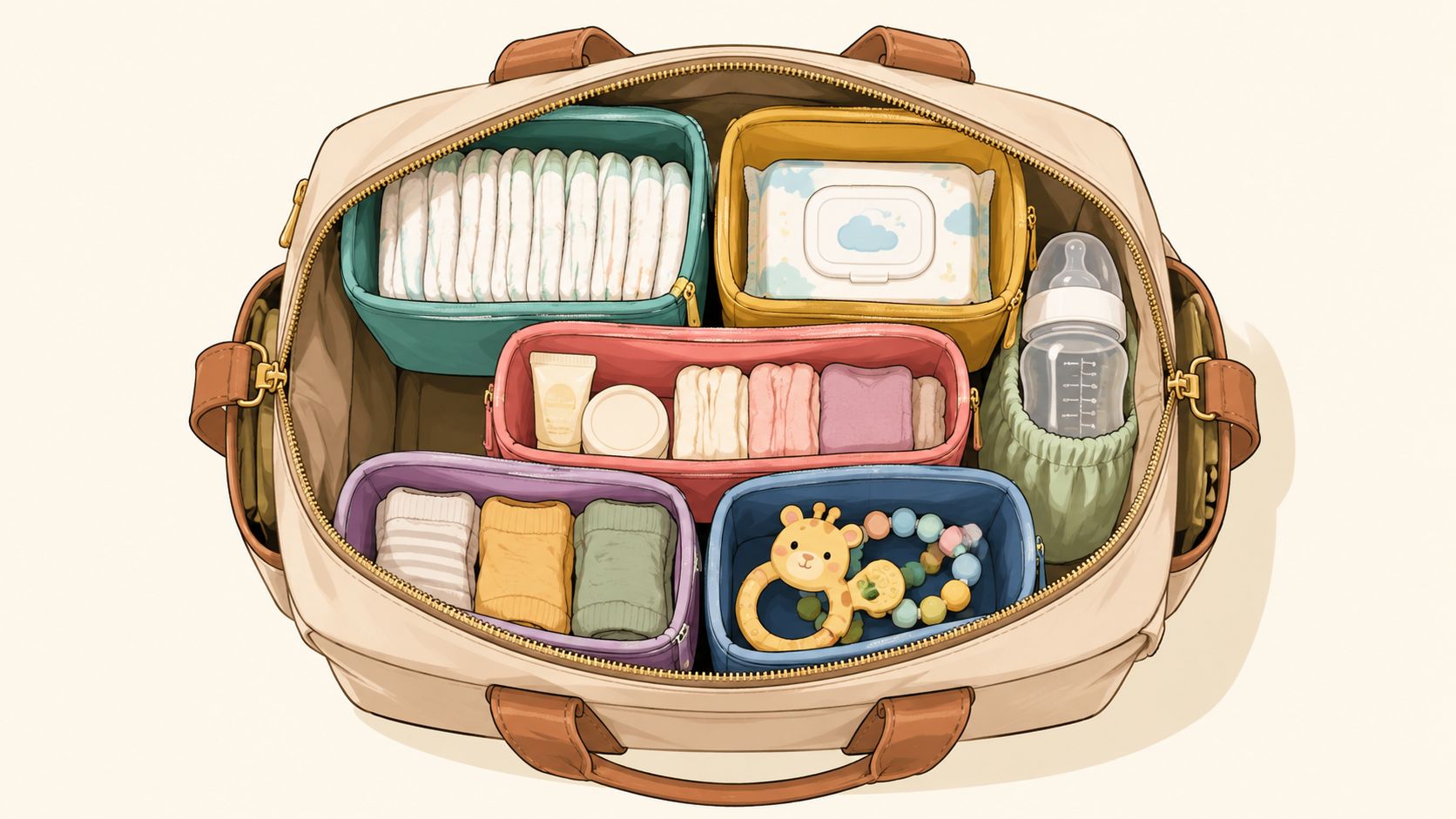 Sac à langer ouvert et organisé avec des couches, des vêtements, des jouets et un biberon soigneusement rangés.