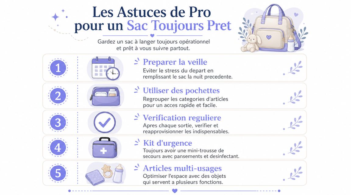 Une infographie avec cinq astuces pratiques pour organiser et préparer efficacement le sac à langer de bébé.