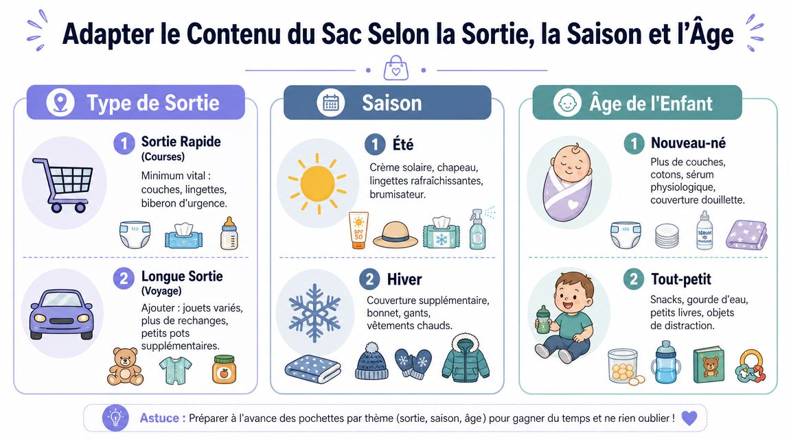 Infographie montrant comment organiser le sac à langer selon la sortie, la saison et l'âge de l'enfant.