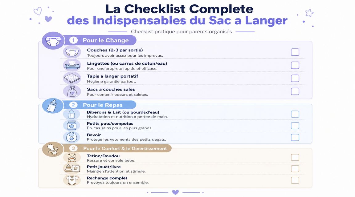 Une liste de contrôle complète des essentiels à emporter dans un sac à langer pour bébé.