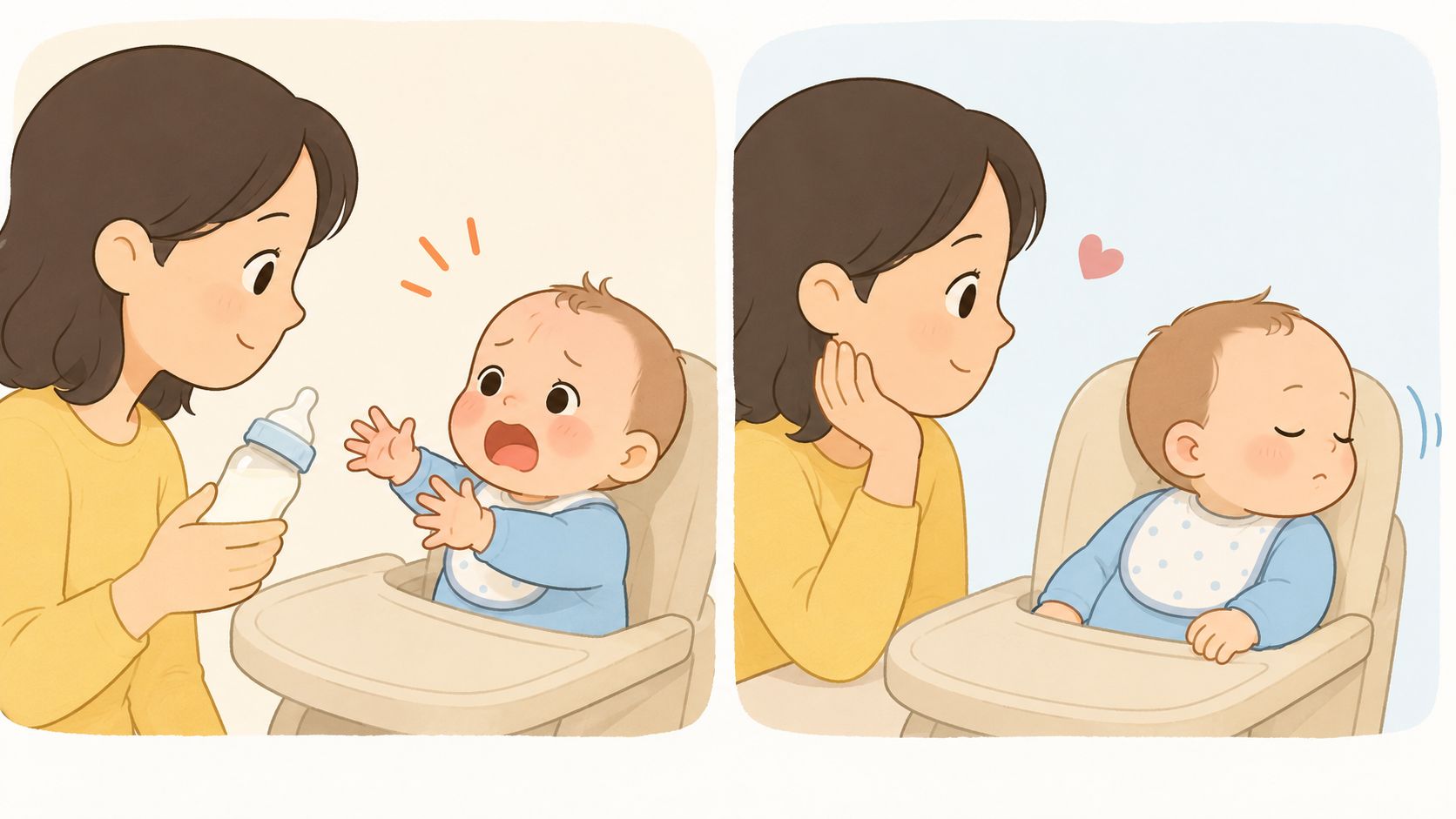 Une illustration montrant une maman offrant un biberon à son bébé qui pleure, puis qui dort.