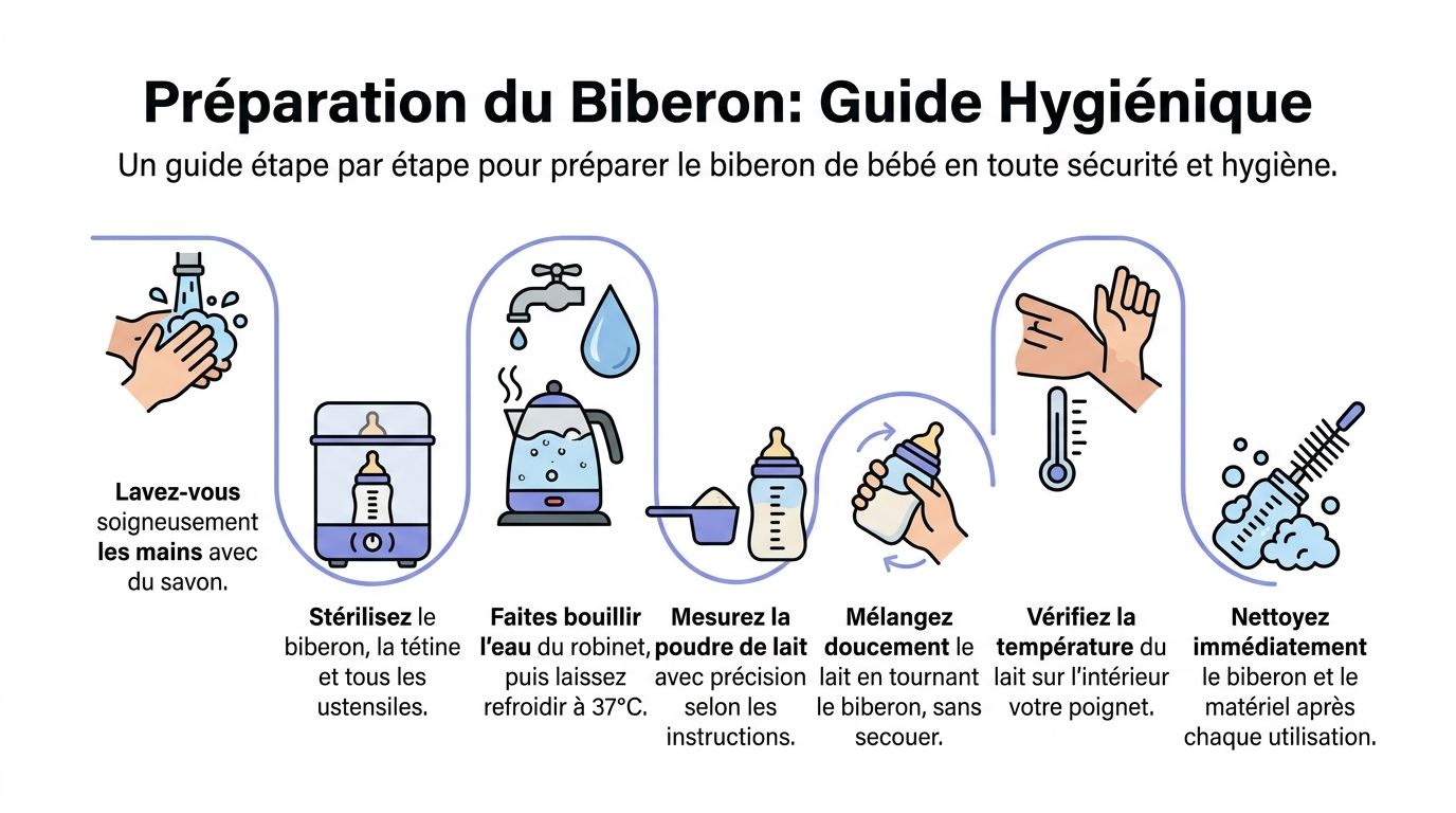 Guide illustré étape par étape pour préparer en toute sécurité et hygiène un biberon pour bébé.