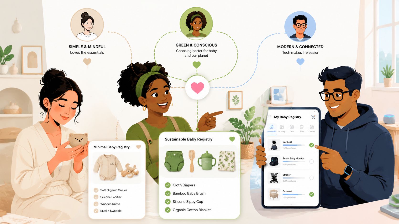 Trois personnes utilisant une application numérique pour organiser et comparer différentes listes de naissance pour bébés.