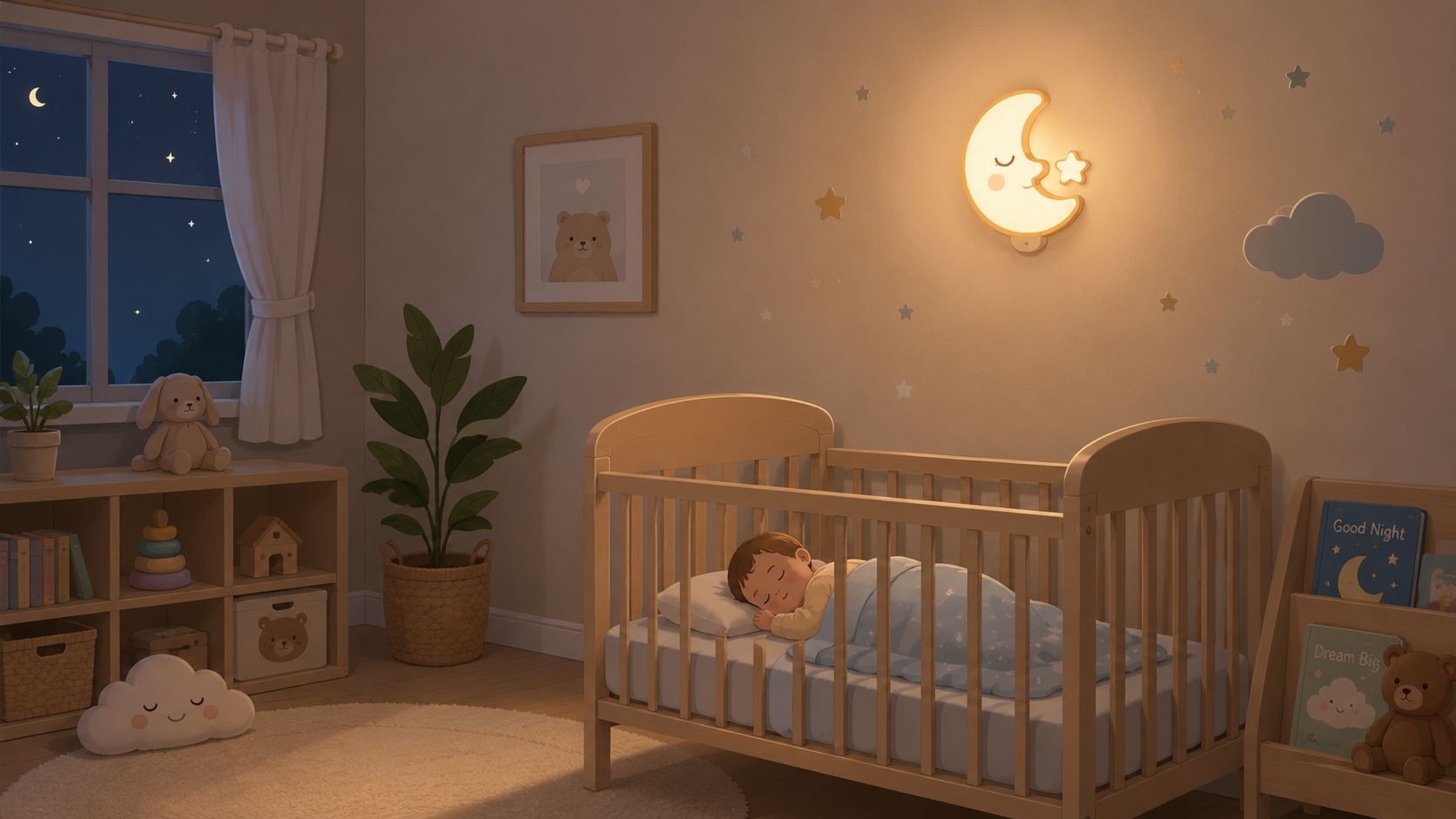 Un bébé dort paisiblement dans son berceau sous une douce veilleuse murale en forme de lune