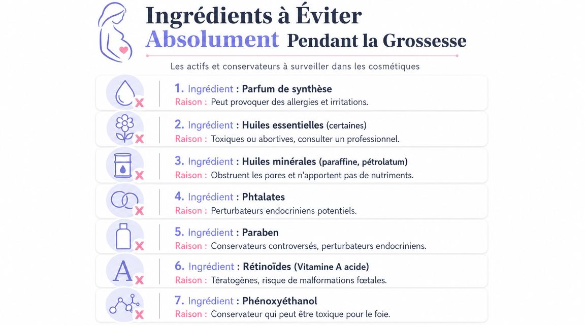 Infographie listant sept ingrédients cosmétiques à éviter absolument pendant la grossesse pour la sécurité de la mère.