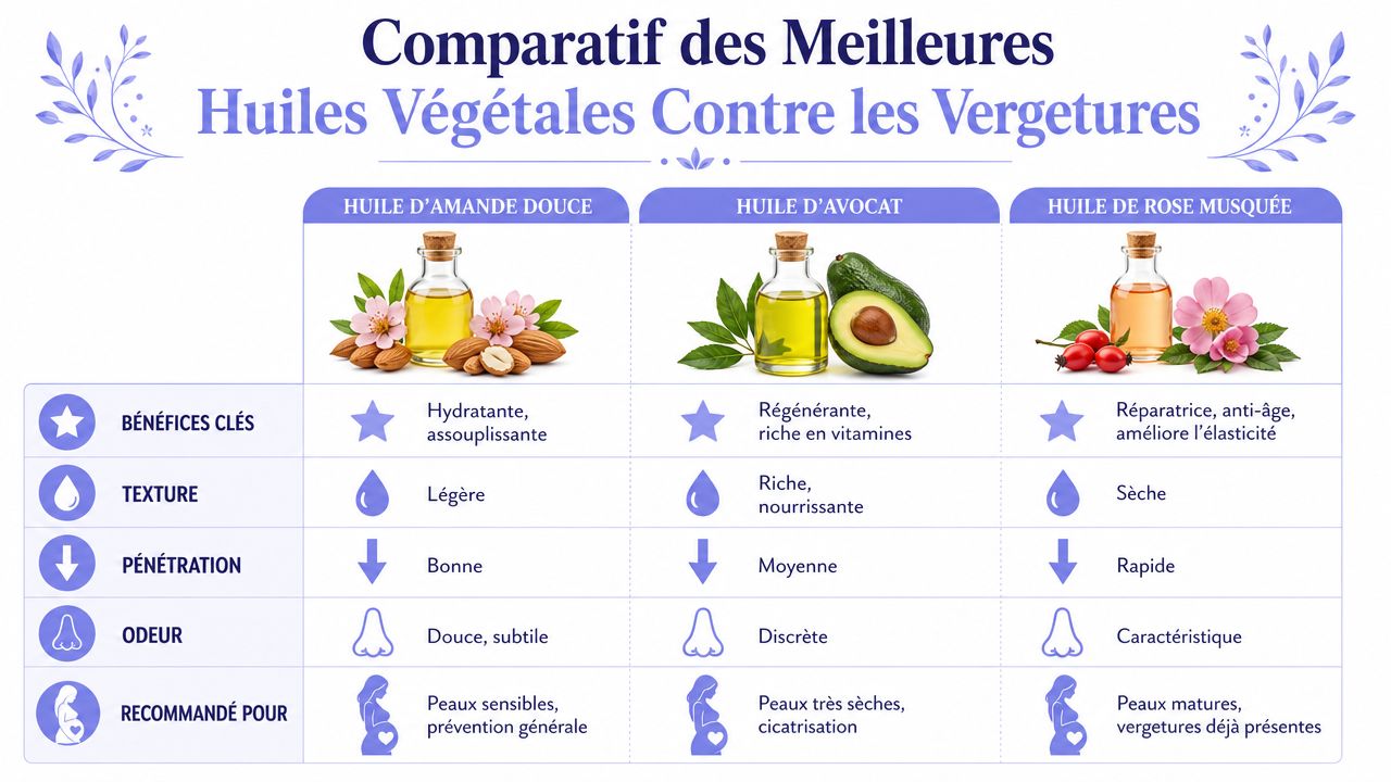 Tableau comparatif illustré présentant les avantages des trois meilleures huiles végétales contre les vergetures pendant la grossesse.