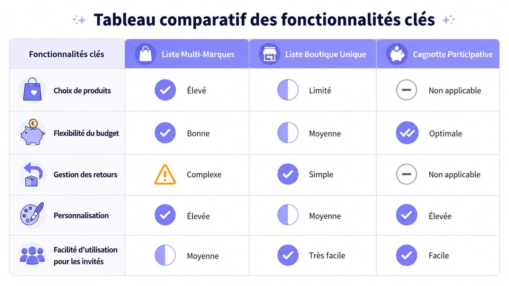 Tableau comparatif des fonctionnalités clés pour choisir entre liste multi-marques, boutique unique et cagnotte participative.