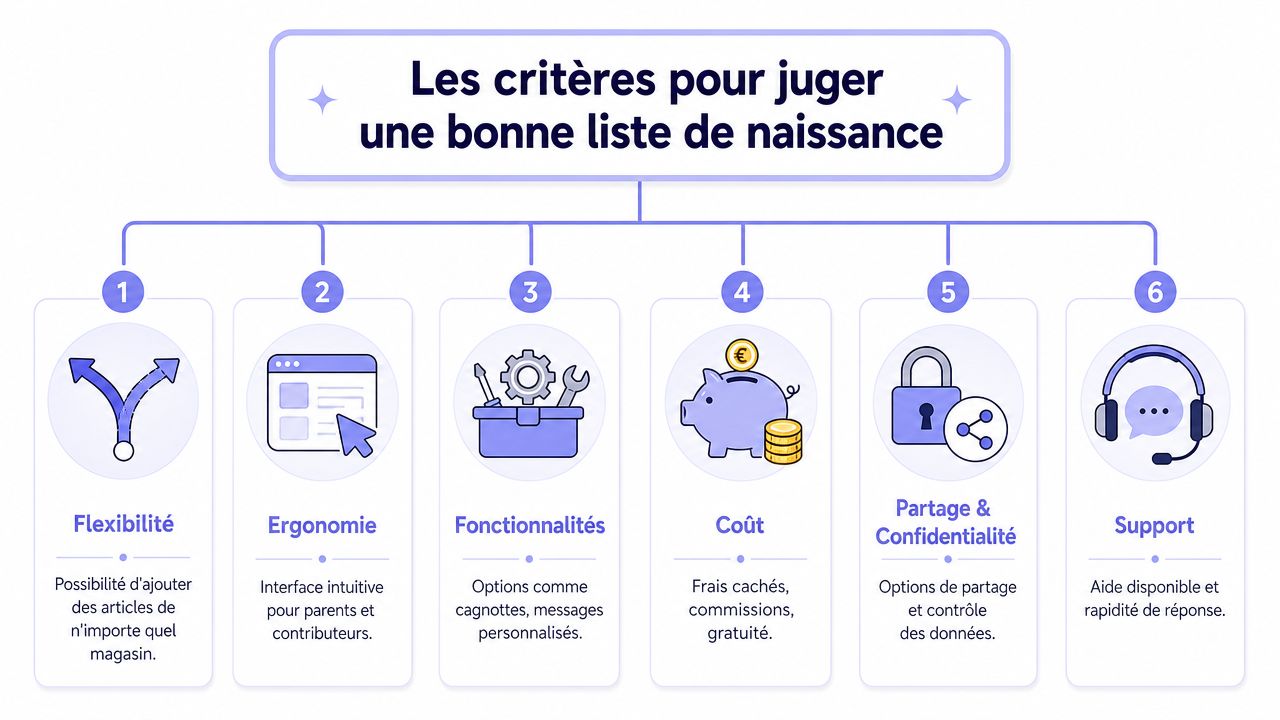 Infographie illustrant les six critères essentiels pour choisir et évaluer une plateforme de liste de naissance.