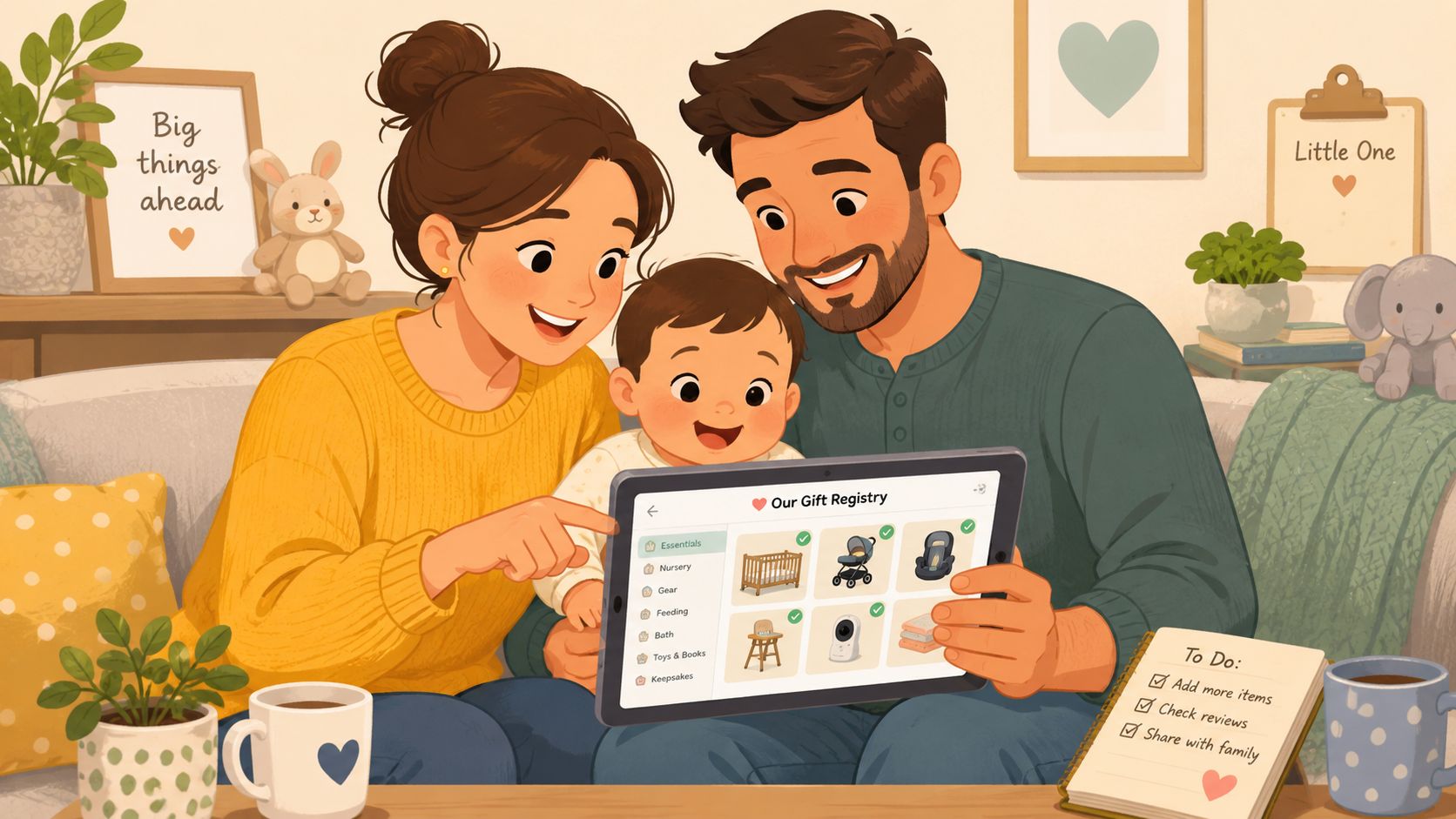 Une famille heureuse regarde ensemble une liste de naissance sur une tablette numérique dans leur salon confortable.