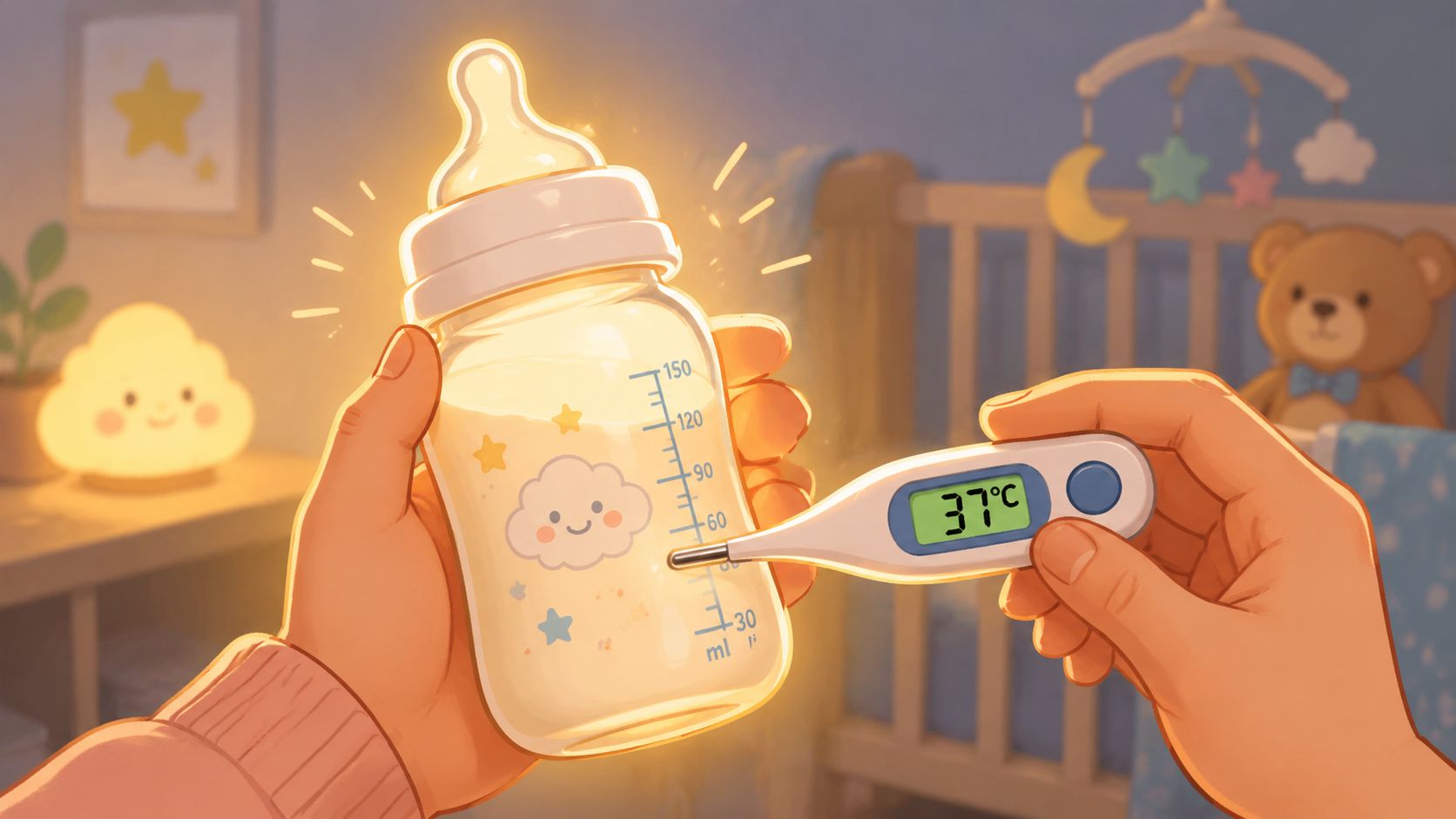 Une personne vérifie la température idéale de 37 degrés Celsius d'un biberon de lait pour bébé