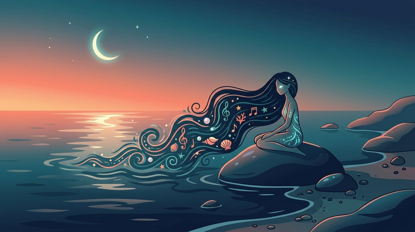 Une sirène mystique assise sur un rocher avec ses longs cheveux magiques se mélangeant aux vagues de l'océan.