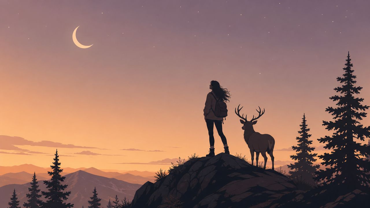 Une jeune femme avec un sac à dos et un cerf contemplant un magnifique coucher de soleil montagneux.