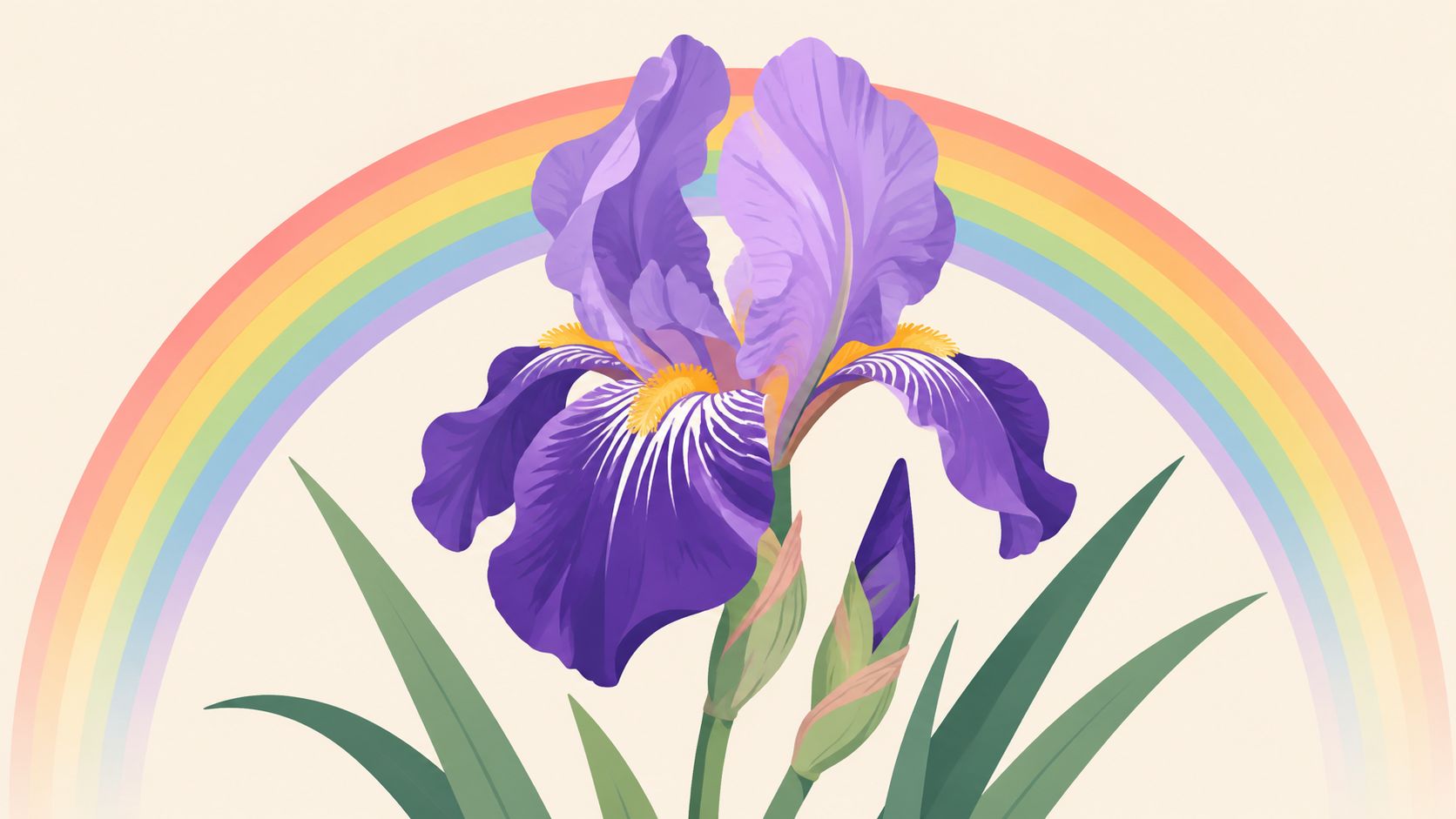 Une illustration artistique d'une fleur d'iris violette élégante devant un arc-en-ciel coloré sur fond crème.