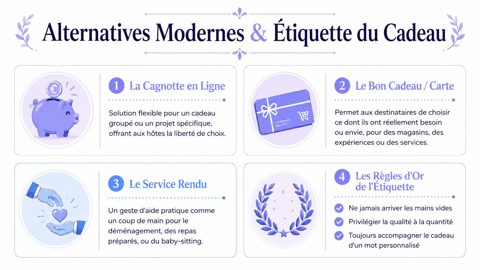 Une infographie présentant des alternatives modernes aux cadeaux traditionnels et des règles d'étiquette pour offrir.