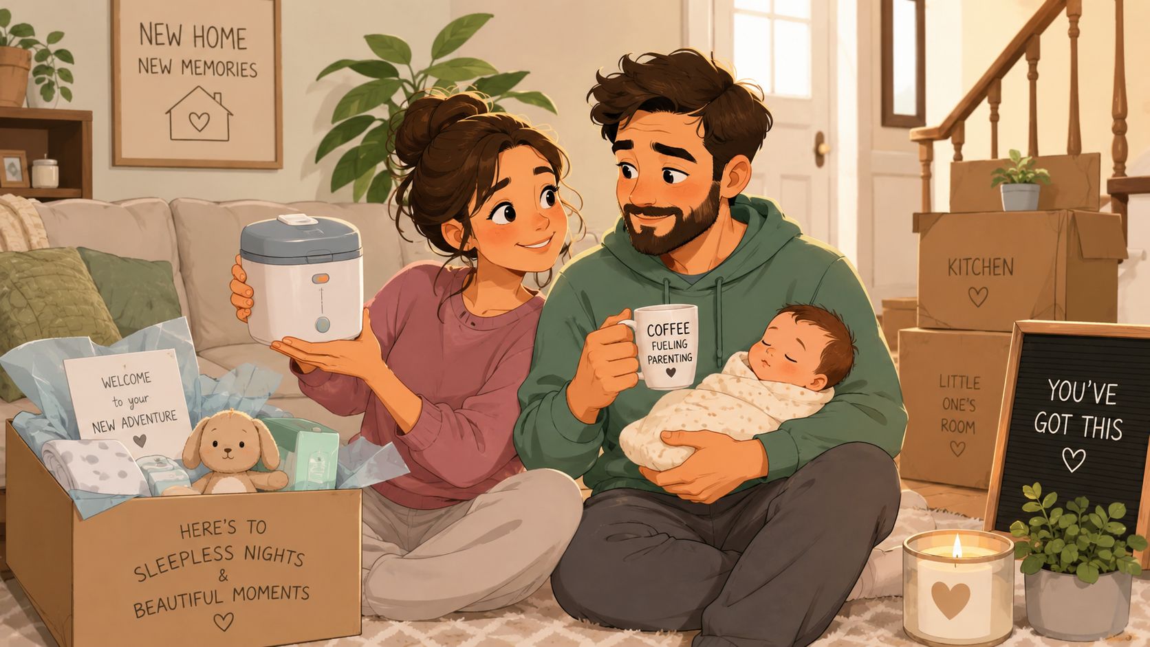 Jeune couple avec un nouveau-né déballant des cadeaux de crémaillère dans leur nouvelle maison chaleureuse et lumineuse.