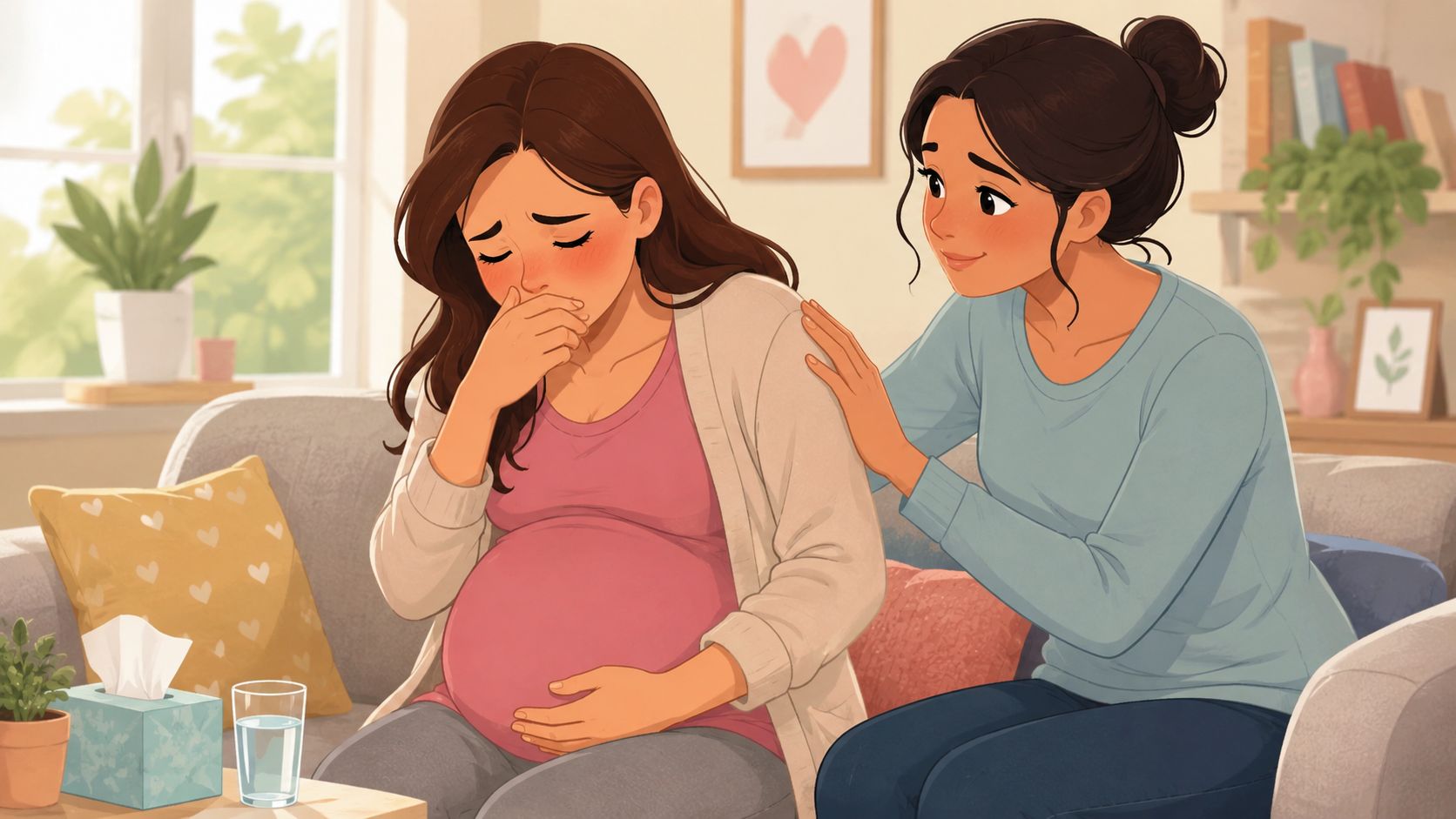 Une femme enceinte en pleurs est réconfortée par une amie sur un canapé dans un salon.