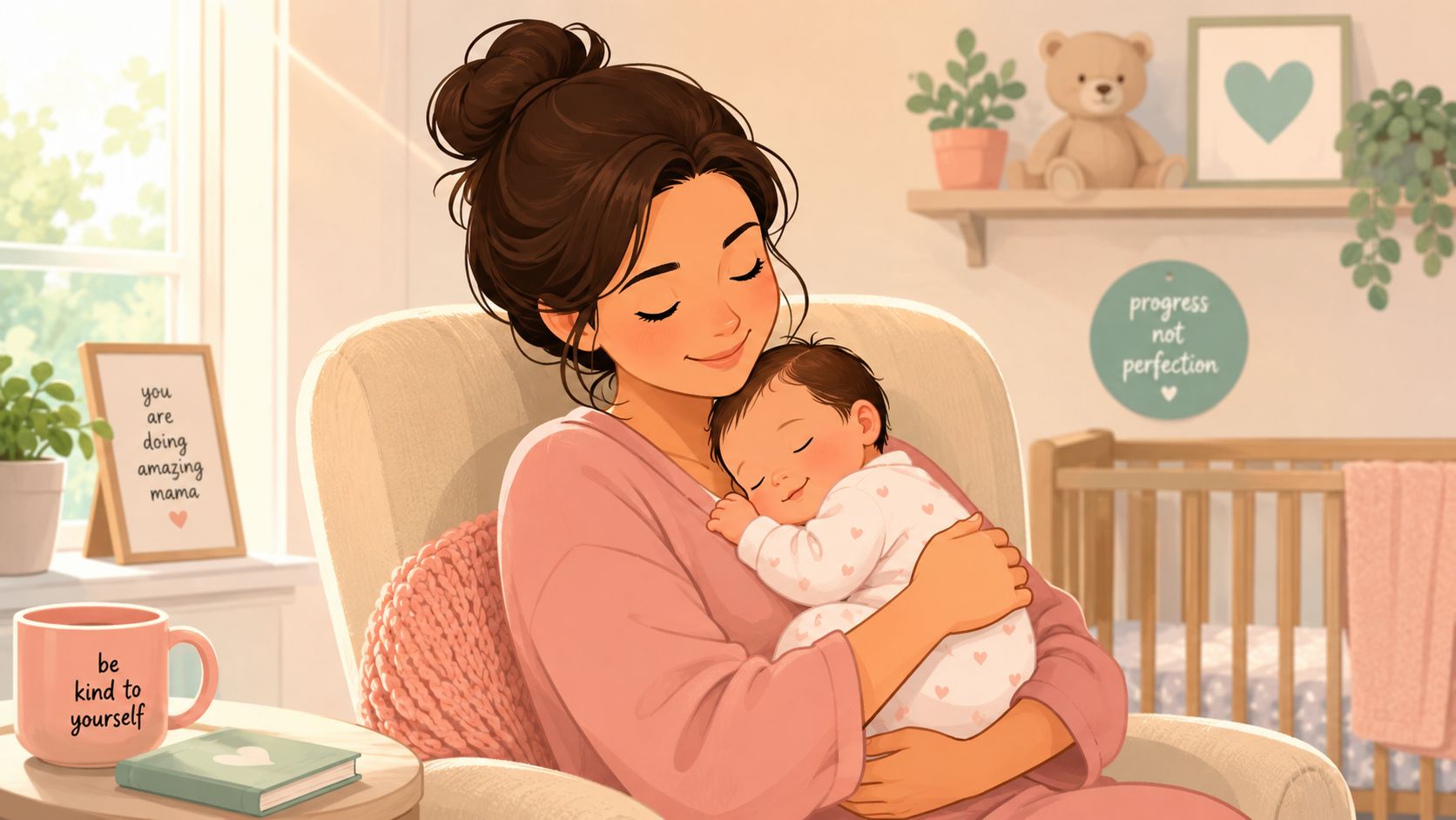 Une mère aimante berce tendrement son bébé endormi dans un fauteuil confortable dans une chambre apaisante.