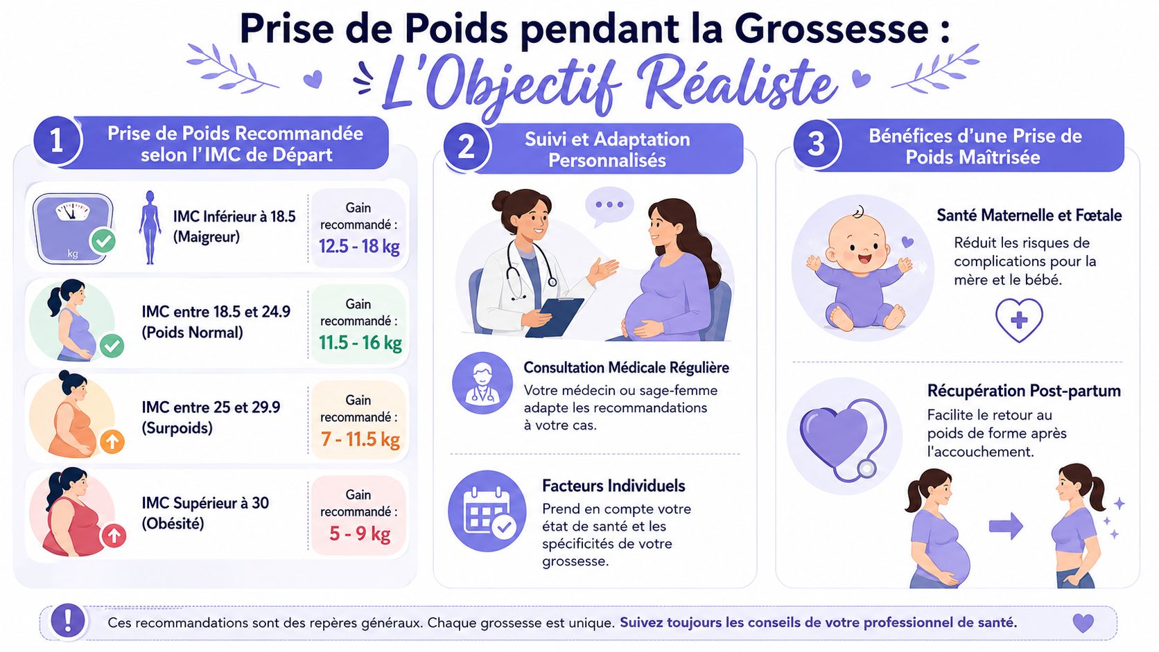 Infographie illustrant la prise de poids recommandée pendant la grossesse en fonction de l'IMC de la mère.