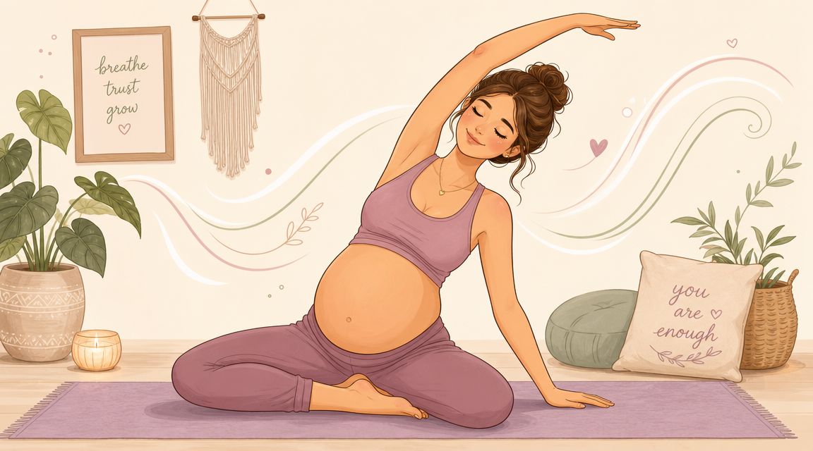 Une femme enceinte pratiquant du yoga sur un tapis dans une pièce décorée de manière apaisante.