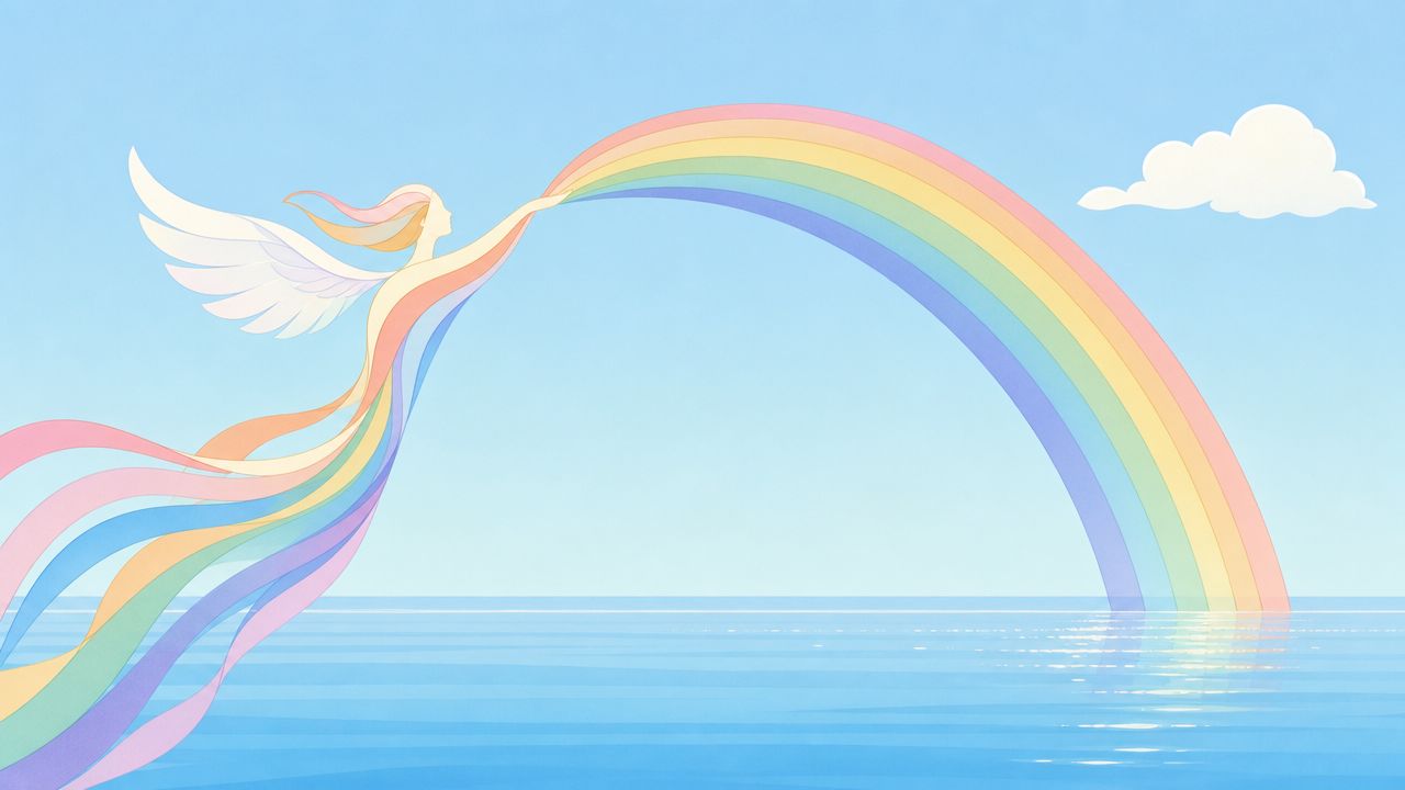Une déesse ailée aux cheveux multicolores créant un arc-en-ciel au-dessus d'un océan paisible et bleu.
