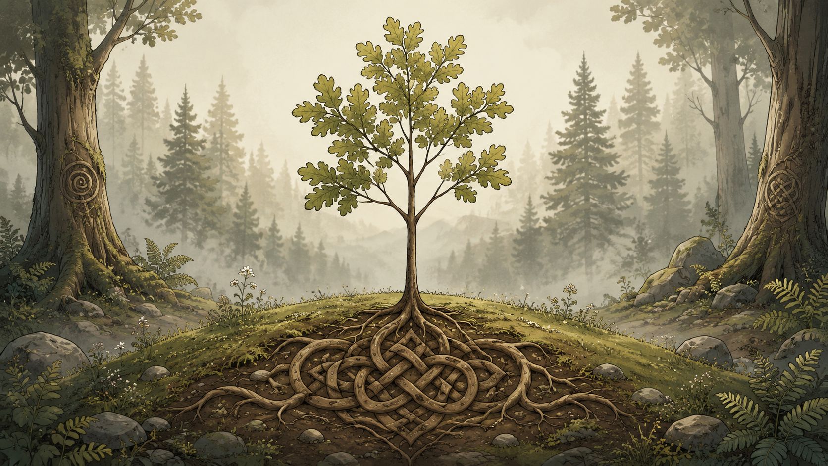 Un arbre solitaire aux racines entrelacées en motif celtique sur une colline brumeuse dans une forêt ancienne.
