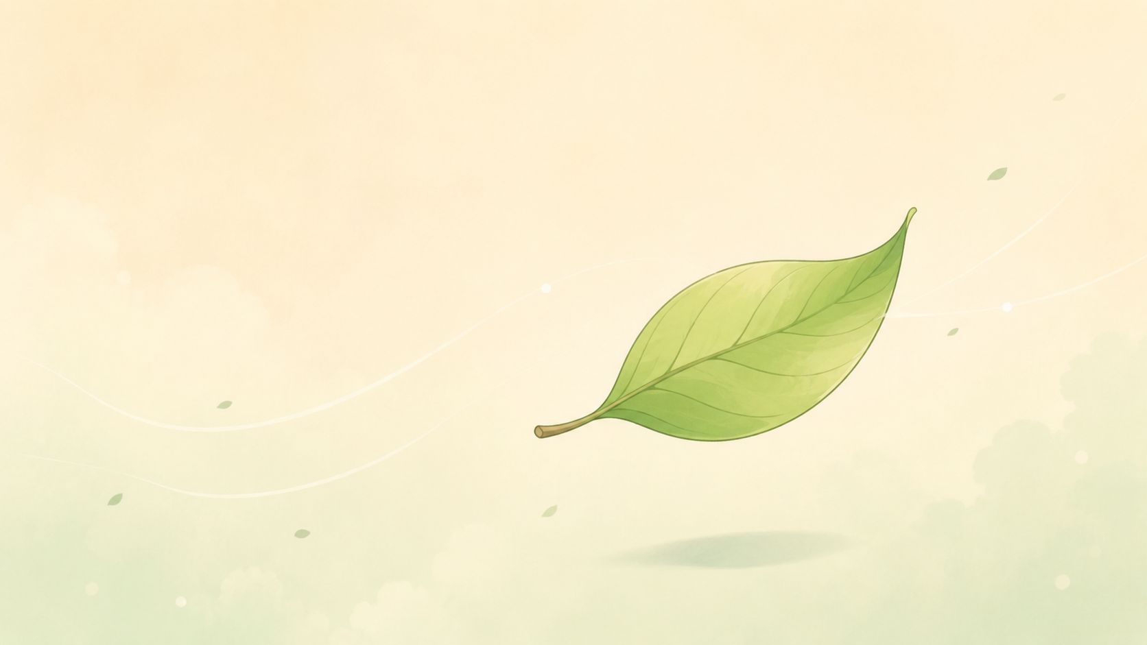 Une feuille verte unique et délicate flottant doucement dans un ciel clair et apaisant au style aquarelle.