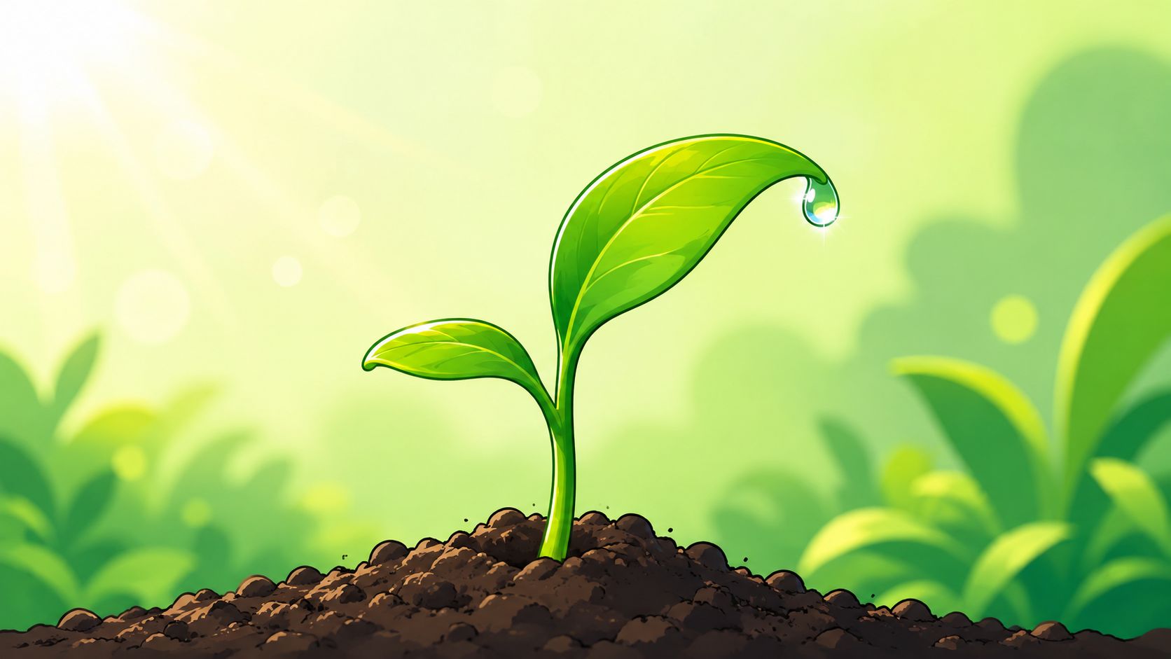 Une petite pousse verte sortant de terre avec une goutte de rosée sous un soleil radieux.