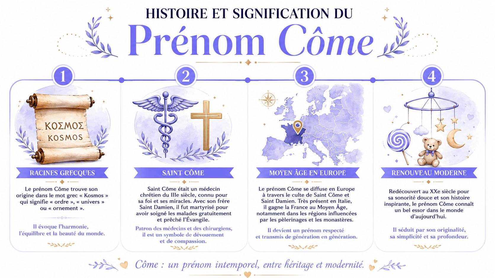 Infographie détaillée illustrant l'histoire, les racines grecques et la signification culturelle du prénom masculin Côme.