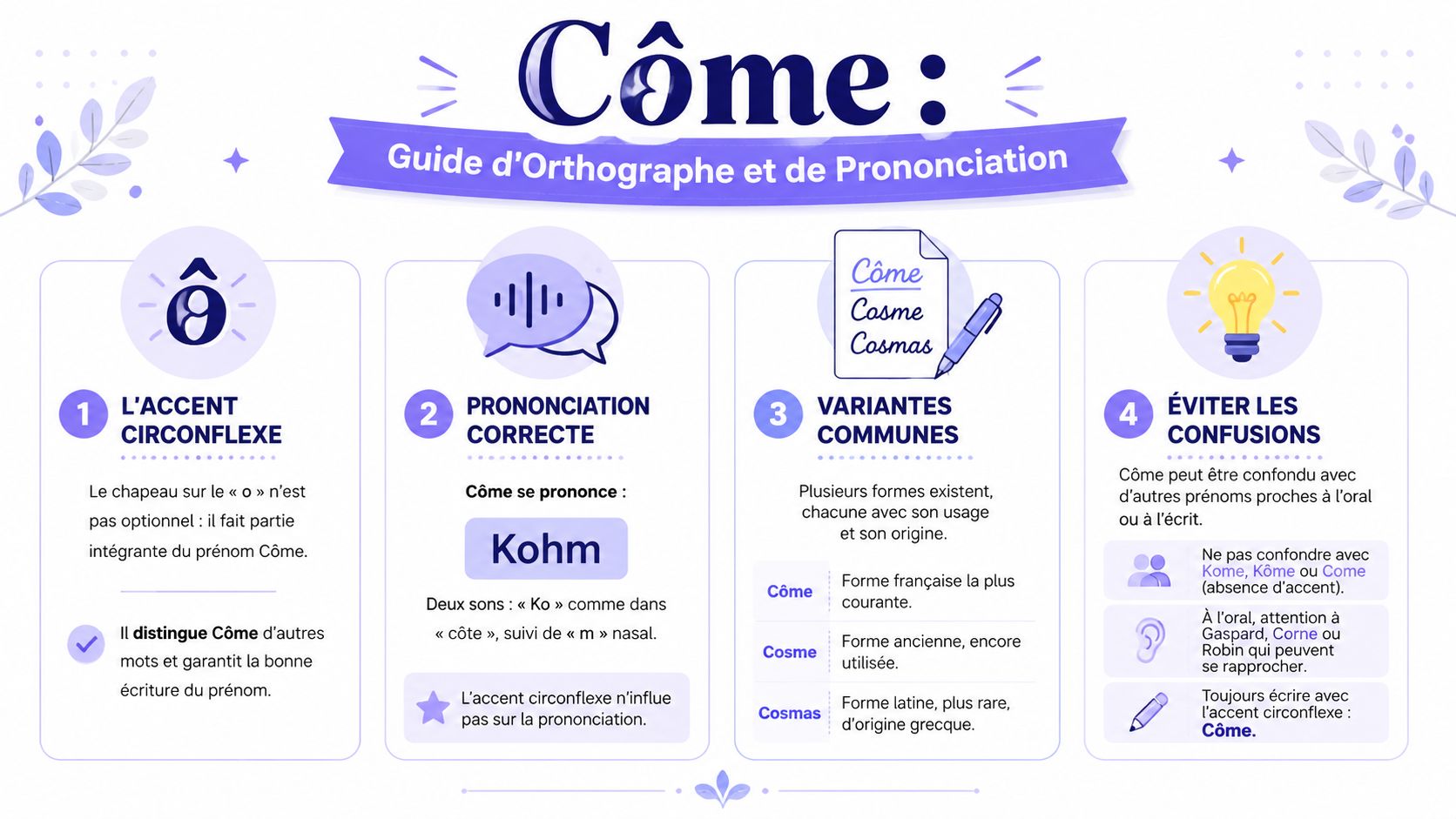 Infographie éducative expliquant l'orthographe, la prononciation et les variantes courantes du prénom français Côme.